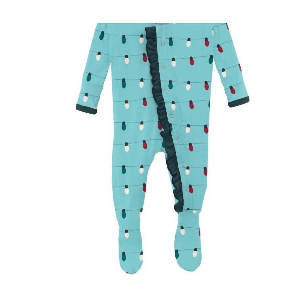 NEW KICKEE kids' ruffle footie with snaps in iceberg holiday lights